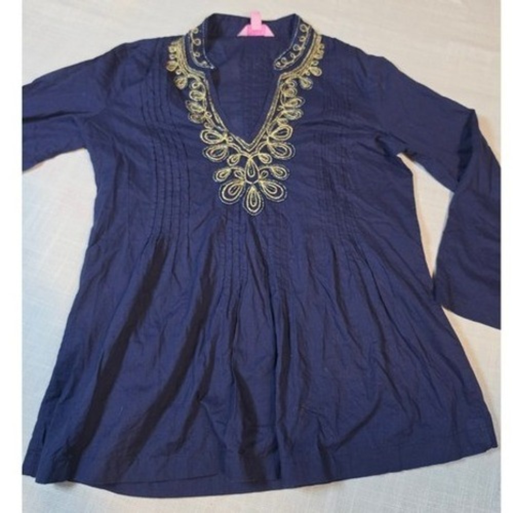 Lilly Pulitzer Navy Blue Gold Embroidered Beaded Pintuck Tunic Top XS